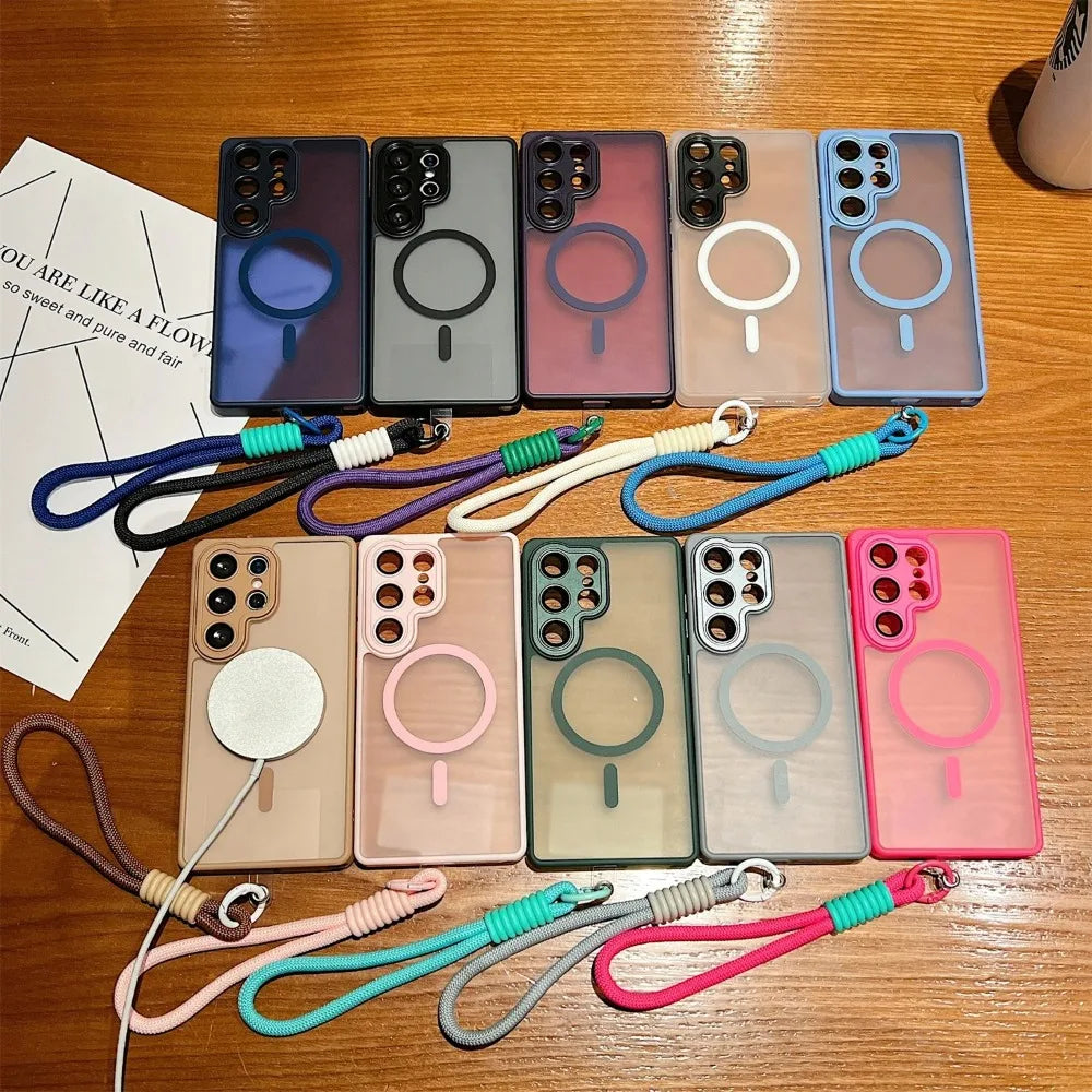Matte for Magsafe Translucent Lanyard Case for Samsung Galaxy S26 S25 Ultra S24 FE S23 Plus A16 A36 A56 A17 Wrist Strap Cover