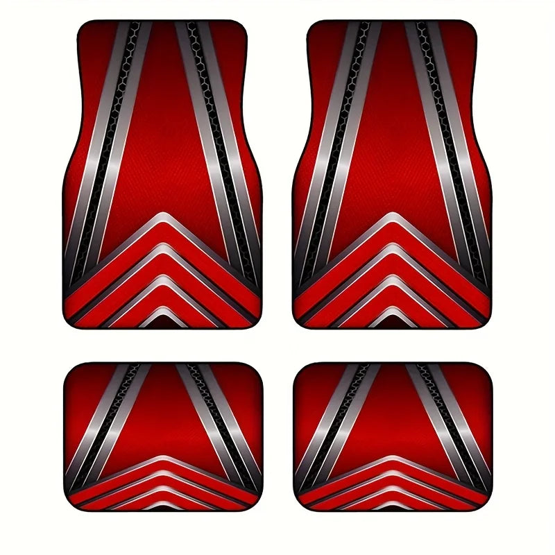 4PCS Polyester Fiber Red and Black Geometric Pattern Cool Car Floor Mats Durable, Universal, Suitable for Cars, Trucks, and SUVs