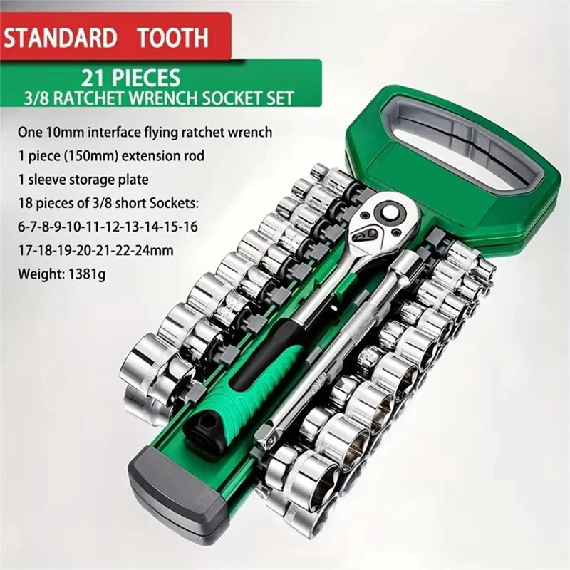 CRV Ratchet Spanner 3/8' 24 Teeth Automotive Mechanic Tool Box Set Garage Car Repair Socket Wrench Set DIY Workshop Hand Tools