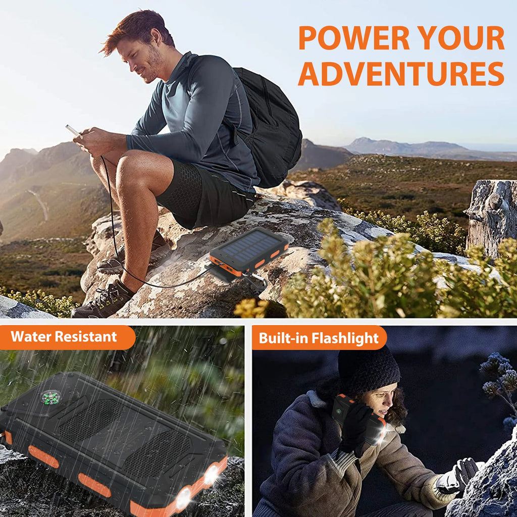 20000mAh Solar Power Bank Portable Solar Charger Waterproof Dual 5V USB Ports 2 LED Light Flashlight For Cell IPhone Outdoor Car Mobile World
