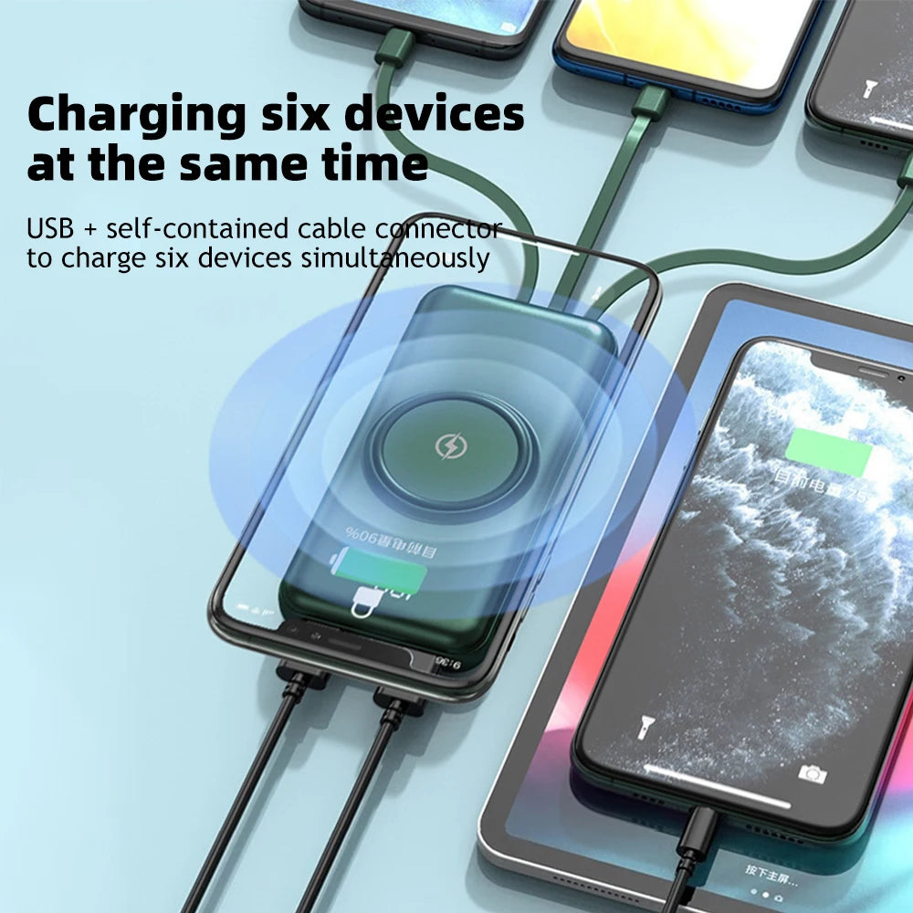 20000mAh Wireless Power Bank Fast Charging Built-in Quad Power Cable Mobile Phone Charger For Iphone 13 14 15 Xiaomi Samsung Car Mobile World