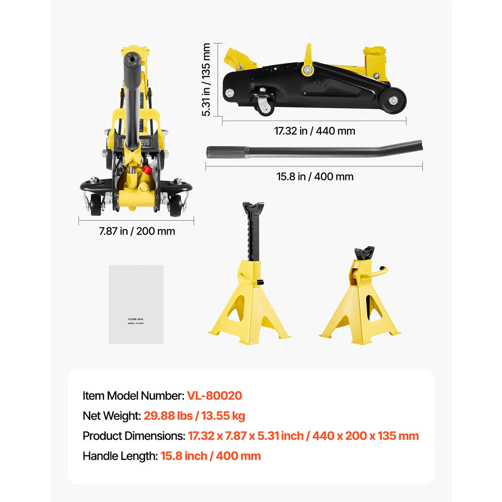 SucceBuy Low Profile Floor Jack 1.5T/2T/3T Capacity Steel Racing Floor Jack with Stands Hydraulic Trolley Car Lift for SUVs