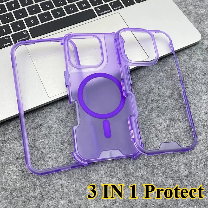 Trendy 3IN1 Magnetic Shockproof Case for IPhone 17 16 15 14 13 12 Pro Max Frosted Slim Clear Translucent Wireless Charging Cover Car Mobile World