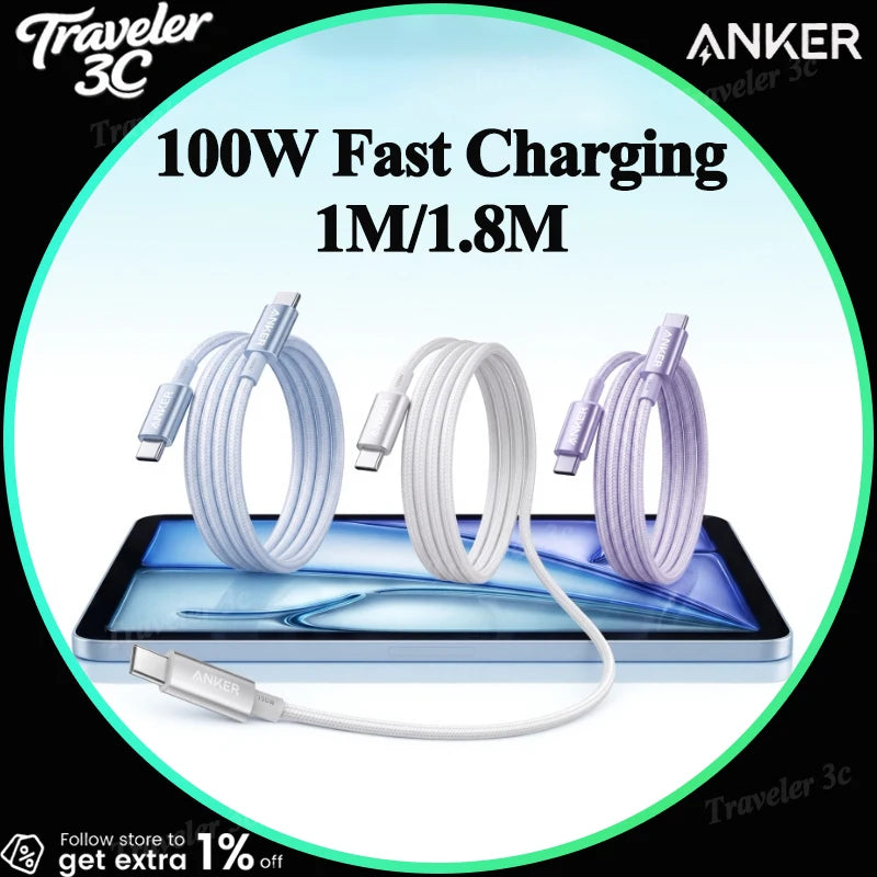 ANKER 100W Dual Type-C PD100W Data Cable Nylon Braided Cord Low-Temperature Fast Charging Customized Data Cable For Ipad Mac