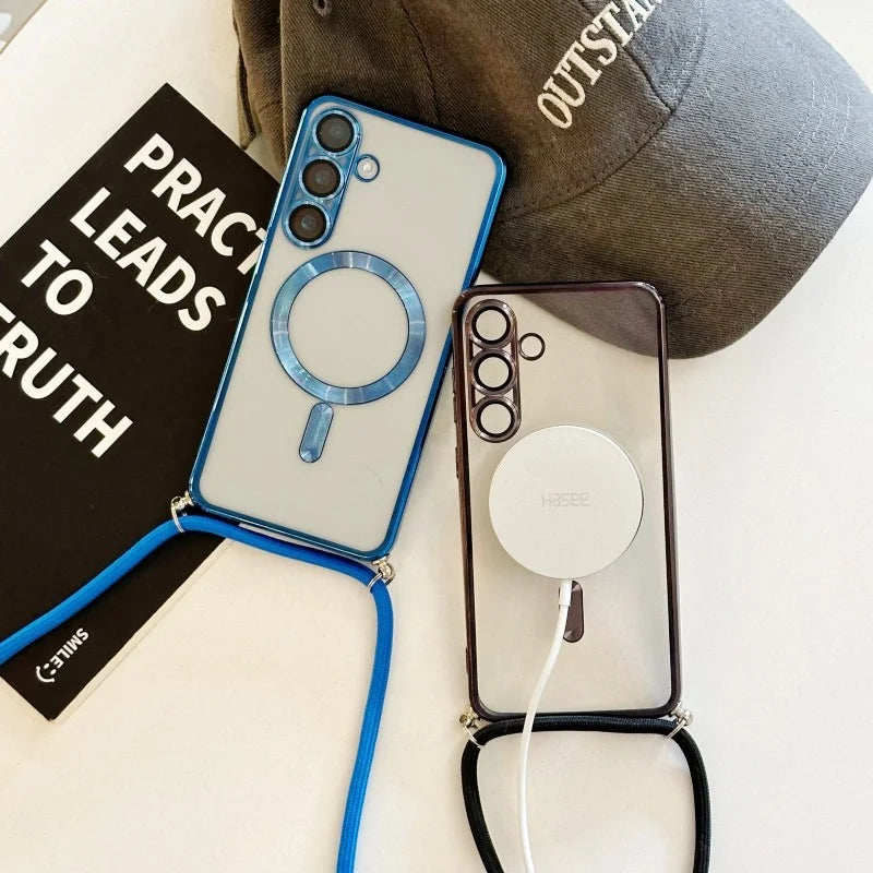 Magnetic Case For Samsung Galaxy S26 Ultra S25，S24,S23,S22 FE  Plus Wireless Clear Plating Strap Crossbody Lanyard Soft Cover
