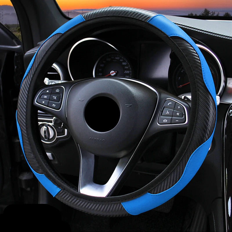 Car accessories Carbon Fiber PU Leather Steering Wheel Cover for Hyundai I10 Peugeot 2008 Dacia Sandero Stepway CM World