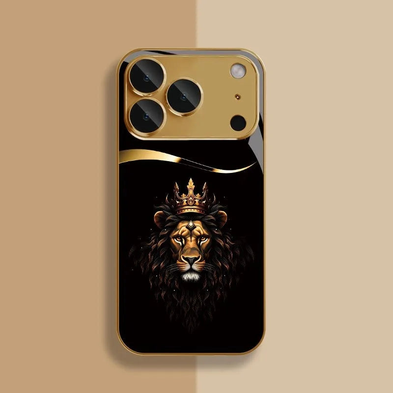 Cool Crown Lion Pattern Gold Metallic Paint Glass Phone Case For iPhone 11 12 13 14 15 16 17 Pro Max 14 Plus 17 Air 16E Cover
