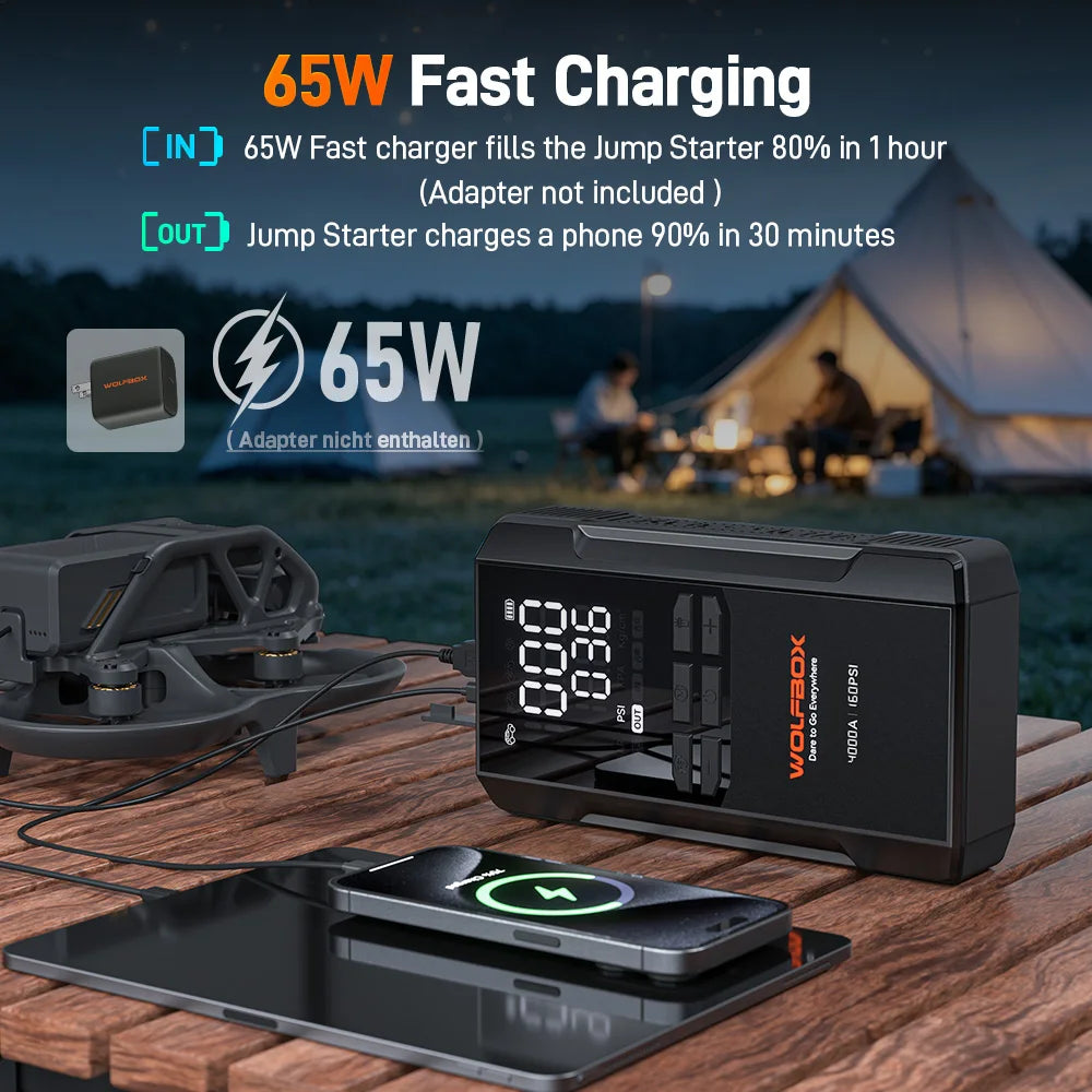 WOLFBOX JS24AIR 4000A Jump Starter 24000mAh 160PSI Air Compressor 12V Car Battery Booster (10L Gas/10L Diesel) Jump Box LED