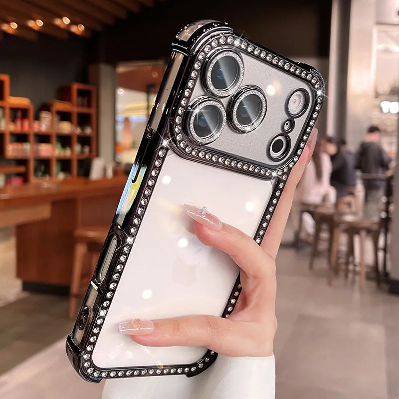 Luxury Bling Diamond Bumper Camera Protection Case For iPhone 17 16 15 14 13 Pro Max Airbag Anti-knock Transparent Soft Cover