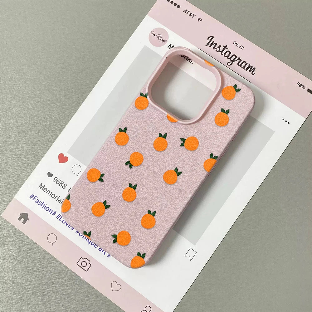 Lightweight Leather Cover For Iphone 14 Pro Max 13 12 11 17 16 15 17E Air Orange Flower Pattern Shockproof Soft Case
