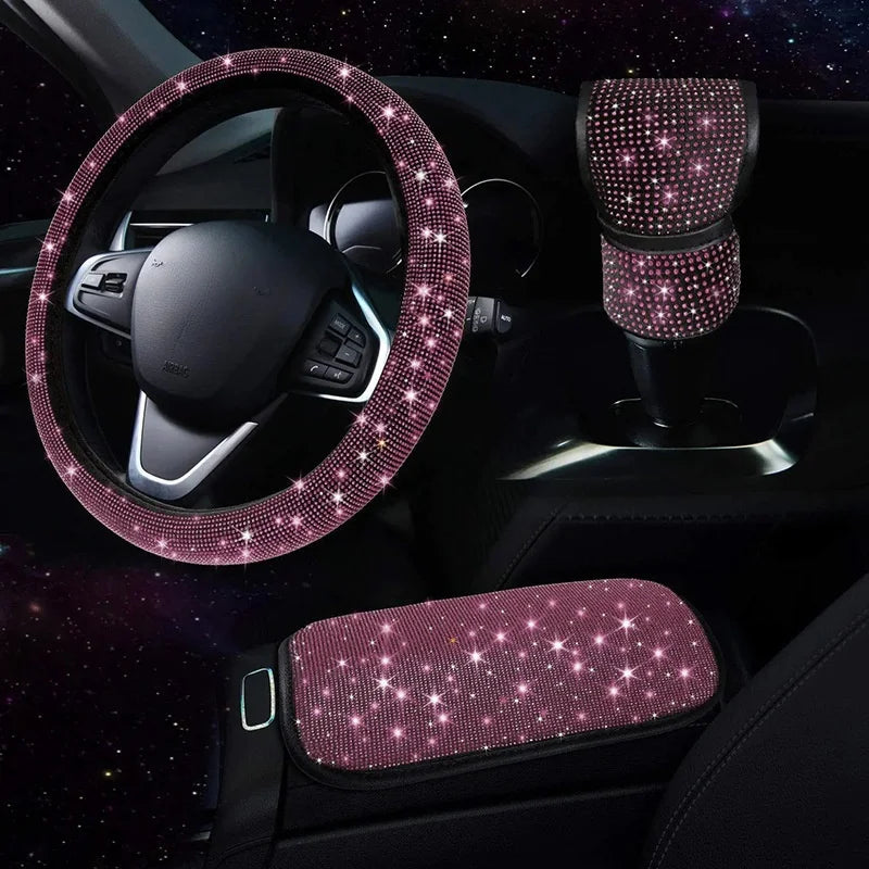 3Pcs Car Accessories Set for Women Steering Wheel Cover Gear Shift Cover Armrest Pad Mat Bling Auto Diamond Decortion Styling CM World