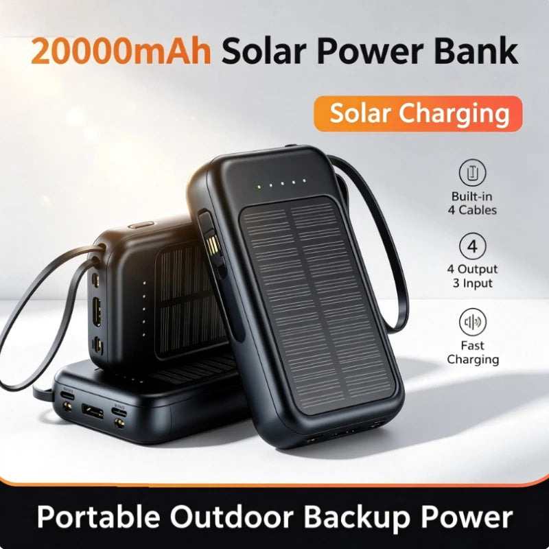 50000mAh Solar Power Bank Built-in Cable Solar Charger 2 USB Ports External Charger Power Bank with LED Light For iPhone Xiaomi