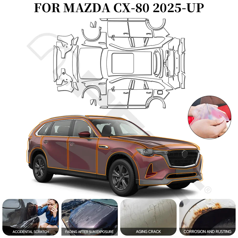 For Mazda CX-80 2025-2026 PPF Car Film 9Mil Pre-Cut Paint Protection Film TPU Invisible Anti-scratch Resistant Vinyl Wrap Film Car Mobile World
