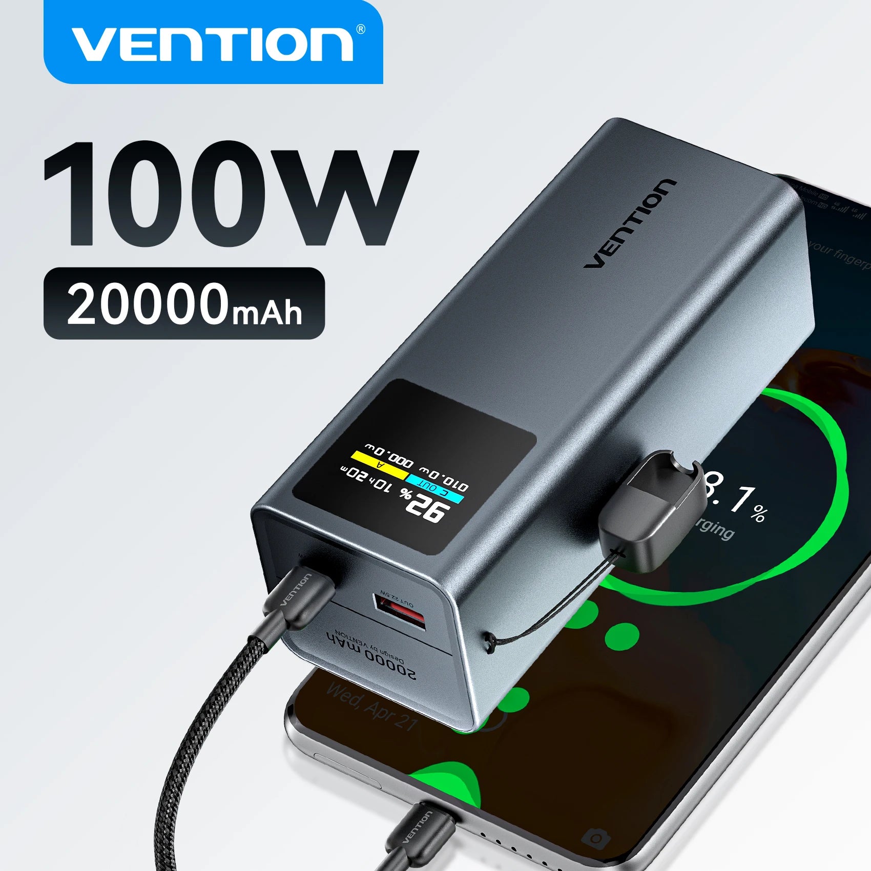 Vention 20000mAh 100W Fast Charging Detachable USB-C Cable Power Bank Smart TFT Screen, Compact Portable,for Xiaomi iPhone 16 15 Car Mobile World
