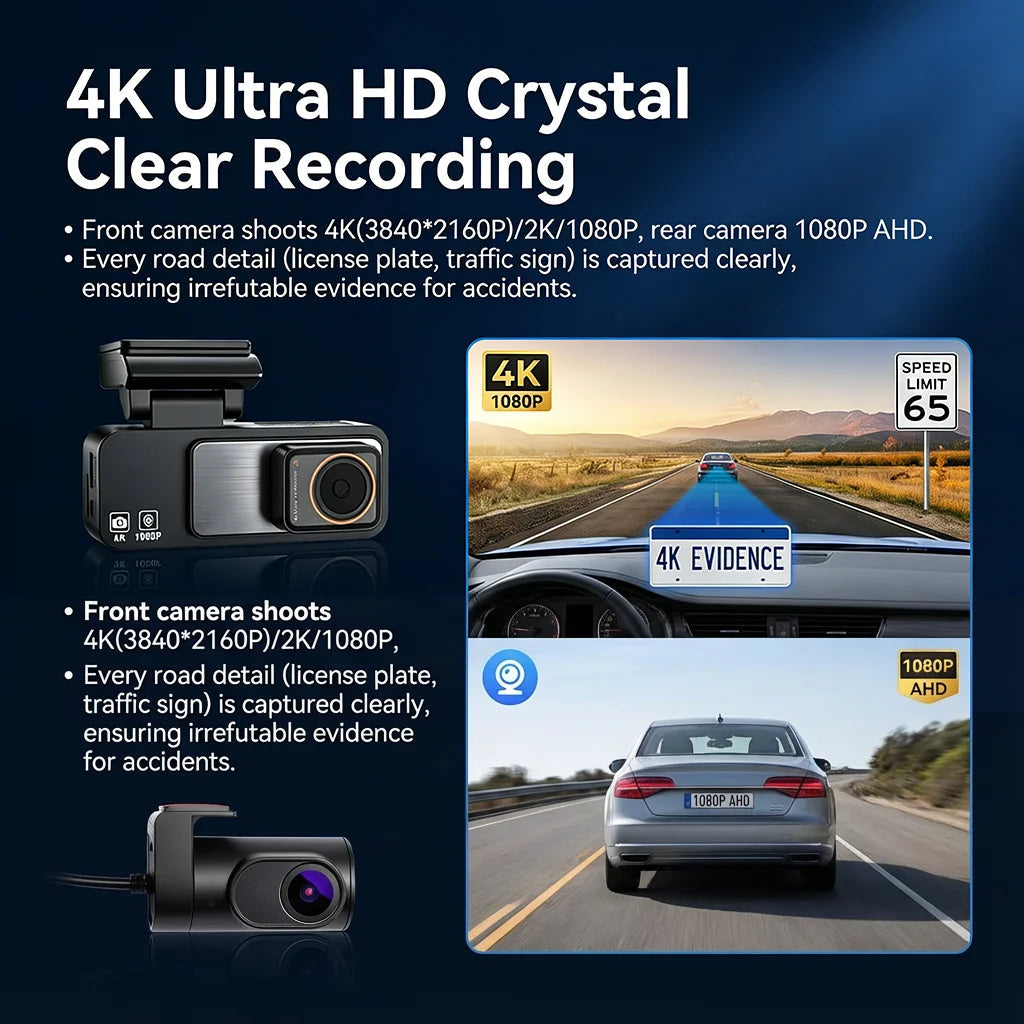 4K Dash Cam Built-in GPS WiFi Front and Rear Supercapacitor 24H Parking Monitor Dual Lens 3.2"IPS 2160P Car Driving Recorder DVR Car Mobile World