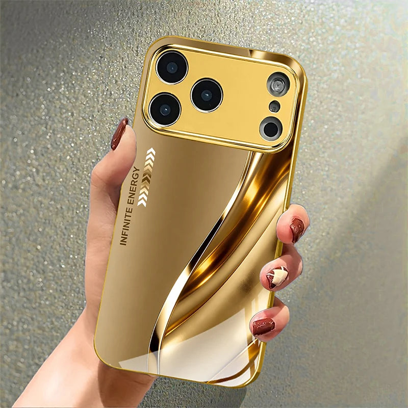 Luxury Metal Curve Pattern Gold Metallic Paint Glass Phone Case For iPhone 17 Pro Max 11 12 13 14 15 16 Plus 17Air 16E Cover