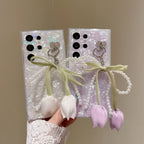 Tulip Flower Pendant Chain Glitter Bling Laser Heart Phone Case For Samung Galaxy A07 A17 A27 A37 A57 A06 A16 A26 A36 A56 Cover