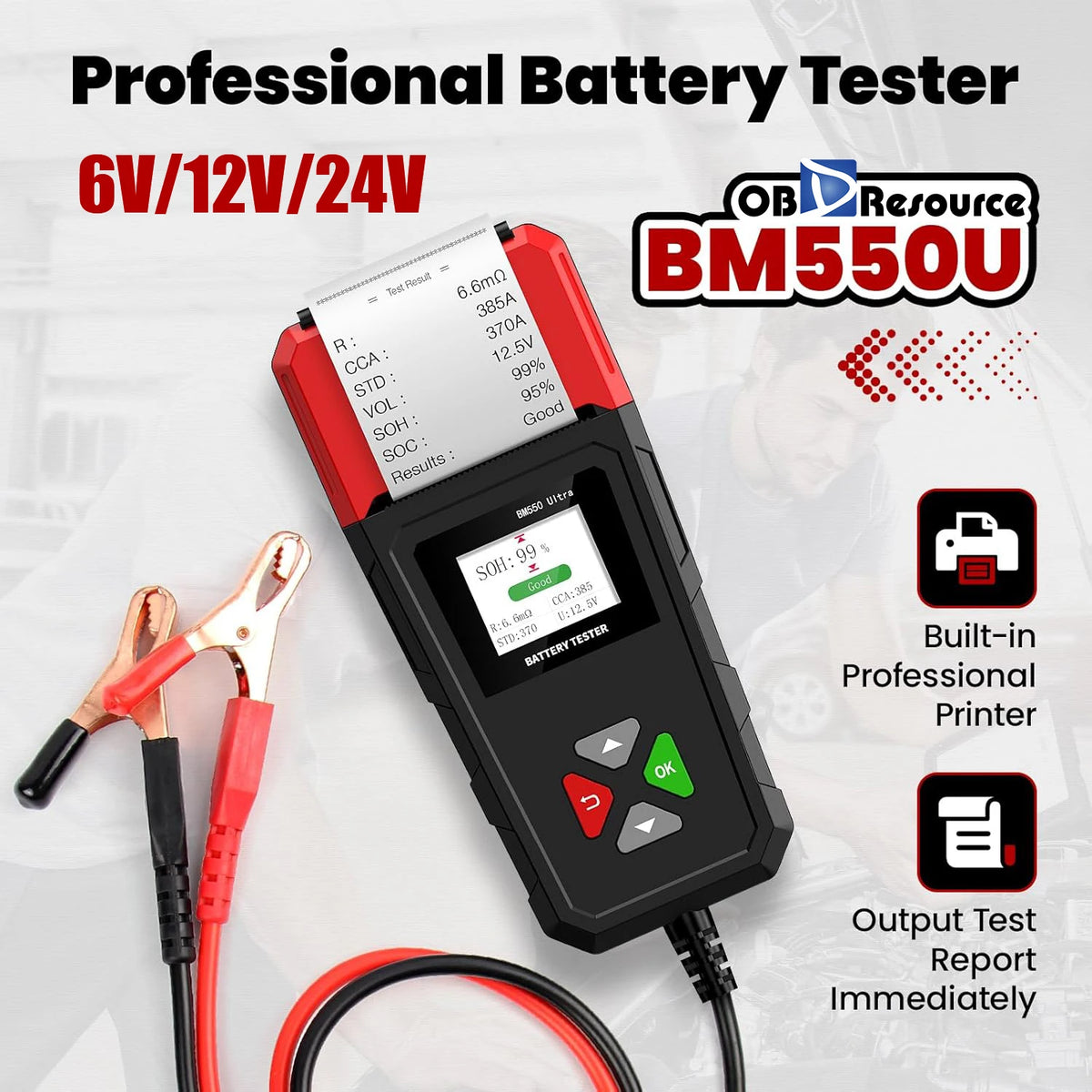 Car Battery Tester BM550U 6V/12V/24V 100-2000CCA 1.8" HD Screen Automotive Digital Battery Voltage Tester with Built-in Printer