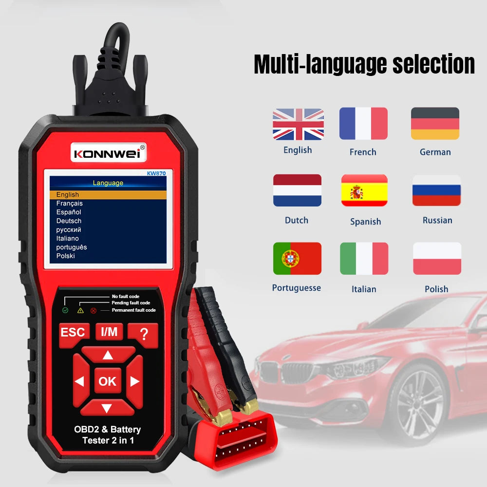 2026 KONNWEI KW870 High-end Car OBD2 Diagnostics Tool 2-in-1 Auto Moto Battery Tester 6V 12V Scanner Cranking Charging Test Tool