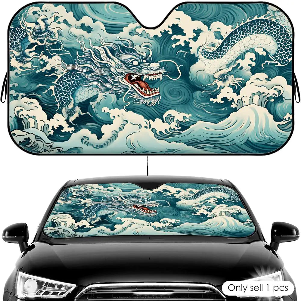 Japanese Wave Dragon Sun Visor Foldable Universal Car Windshield Sun Shade UV Protection Heat Insulation Foldable Cover