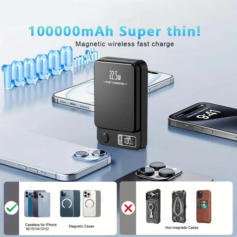 Lenovo 100000mAh  Magnetic Powerbank Magnetic Power Bank Wireless Fast Charger For iPhone Backup battery For Magsafe Car Mobile World