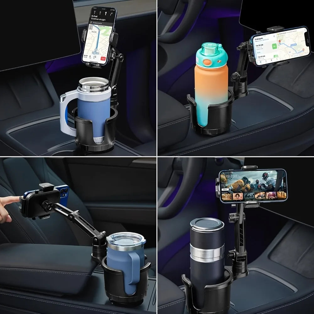 2-in-1 Car Cup Phone Mount with Adjustable Base 360-Degree Rotation Compatible with All Smartphones Travel Phone Holder