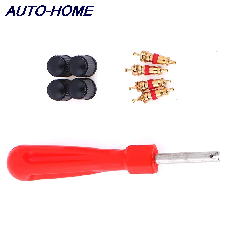 1 Set Tire Valve Service Kit 4 Valve Cores 4 Valve Caps 1 Valve Stem Screwdriver Tire Repair Tool for Car Motorcycle Bus Truck