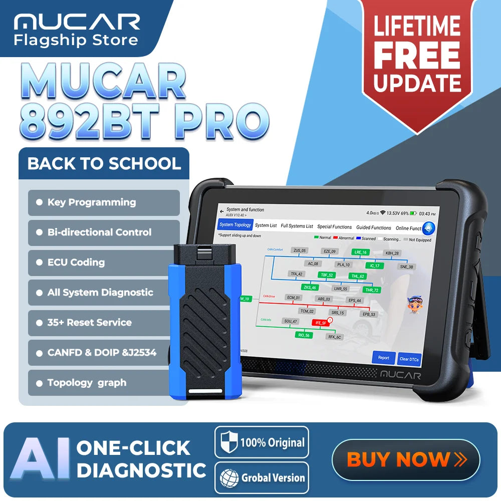 MUCAR 892BT PRO AI Key Programmer TKEY 101 Topology Automotive Diagnostic Tool J2534 Bidirectional Car Obd2 Scanner ECU Coding C