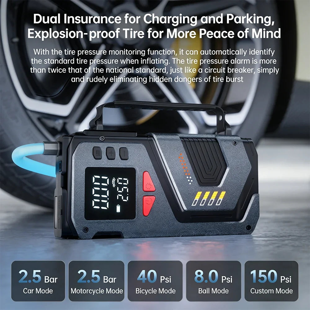 Portable Jump Starter With Air Compressor For 12V Petrol Diesel Car 150 PSI Car Tires Air Pump with LED Lights & Pressure Gauge