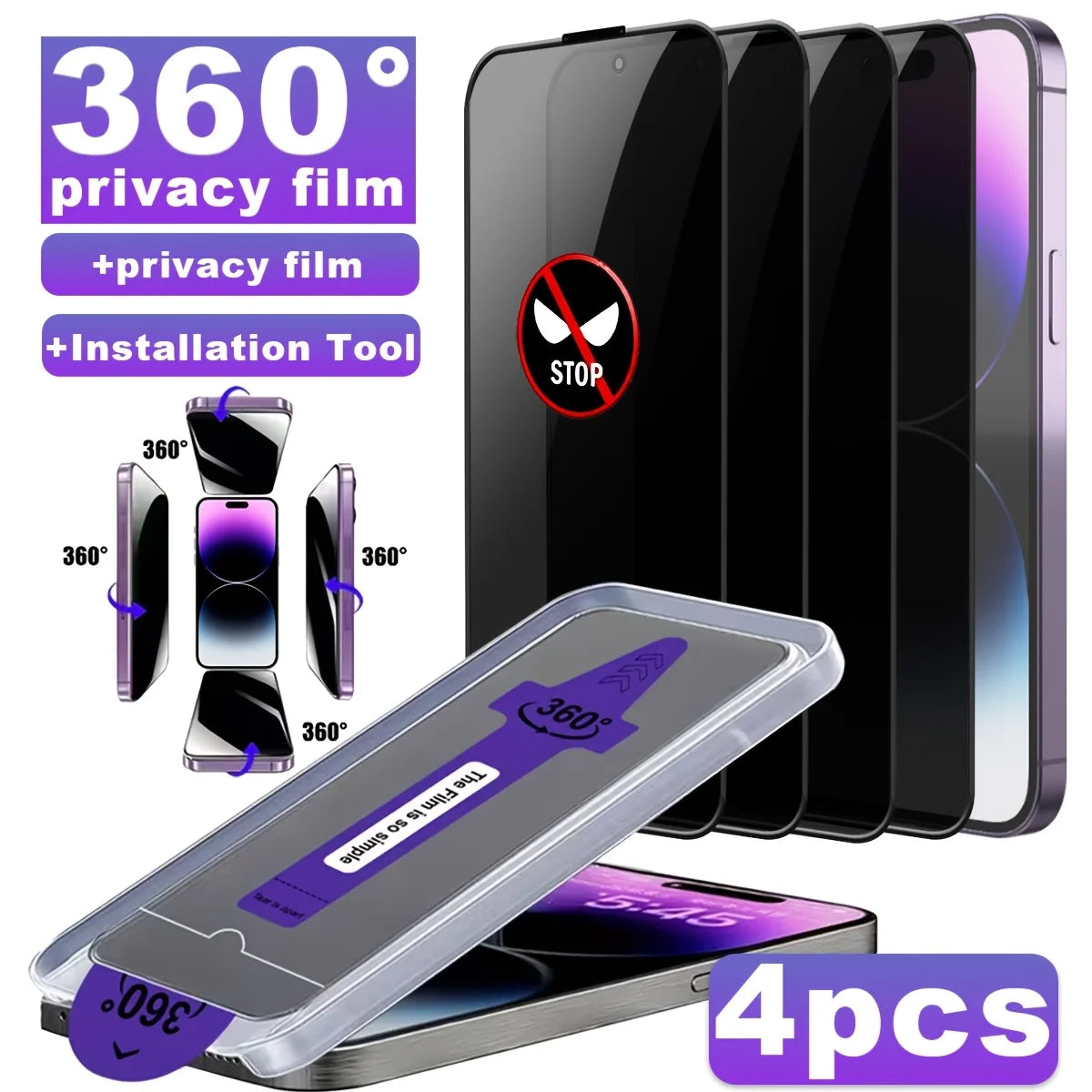 4pcs 360° Anti-Spy Tempered Glass Screen Protector, for Iphone 13/14/15/16/17 Series, Anti-Fingerprint, Anti-Scratch