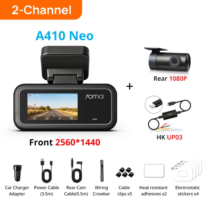 【New】70mai Dash Cam A410 Neo 1440P HDR Dual-Channel Built-in GPS f/1.6 Supercapacitor Wi-Fi 6 24H Parking Car DVR 70mai A410 Neo