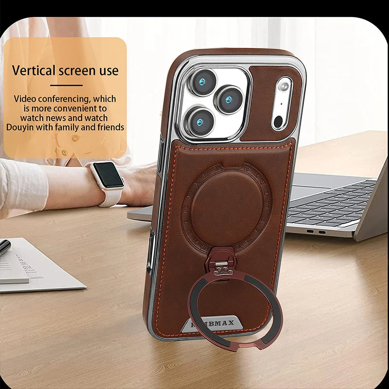 Magnetic Rotat Bracket Luxury Leather Phone Case For iPhone 11 12 13 14 15 16 17 Pro Max Plus Wireless Charging Shockproof Cover Car Mobile World