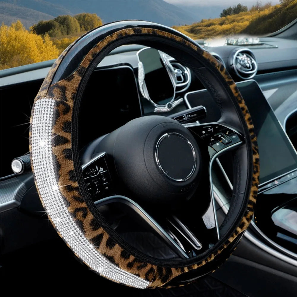 High-End Leopard-Print Leather Car Steering Wheel Cover New Model Embedded Diamonds Interior Car Seat Covers Best-Selling