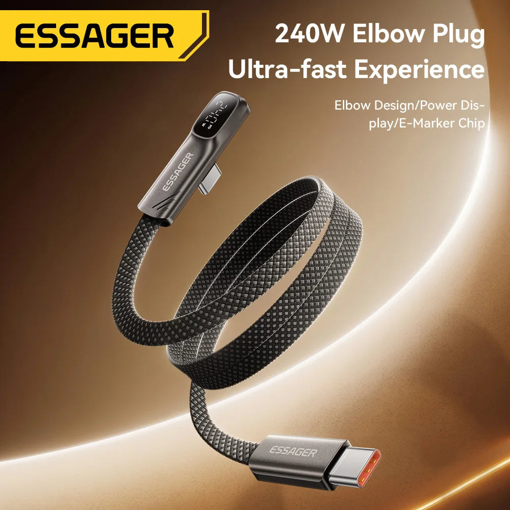 Essager Elbow 240W Type C to Type C Cable Digital Display 5A PD Fast Charging Wire For iPhone 17 16 MacBook Pro Samsung Huawei