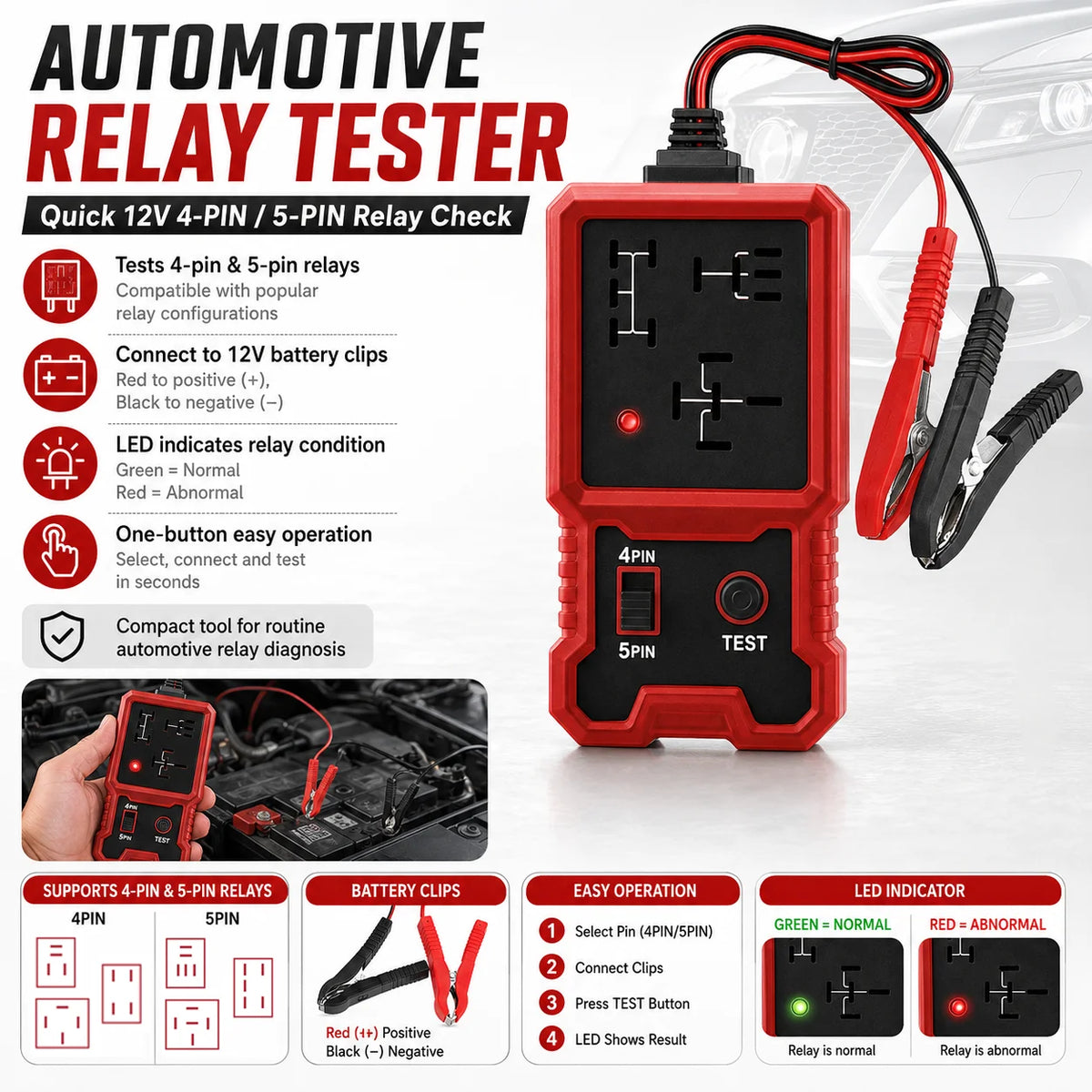 2026 Newest Red Relay Tester 12V Universal Automotive Relay Detector Electronic Car Circuit Tester Battery Checker Auto Repair D