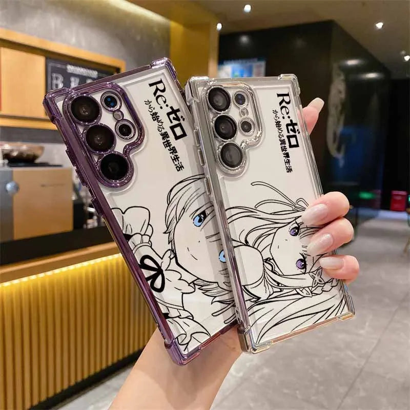 Anime Cute Rem Emilia For Samsung S26 S25 Edge S24 S23 S22 S21 S20 FE Ultra Plus Lite Plating Anti-Fall Phone Case