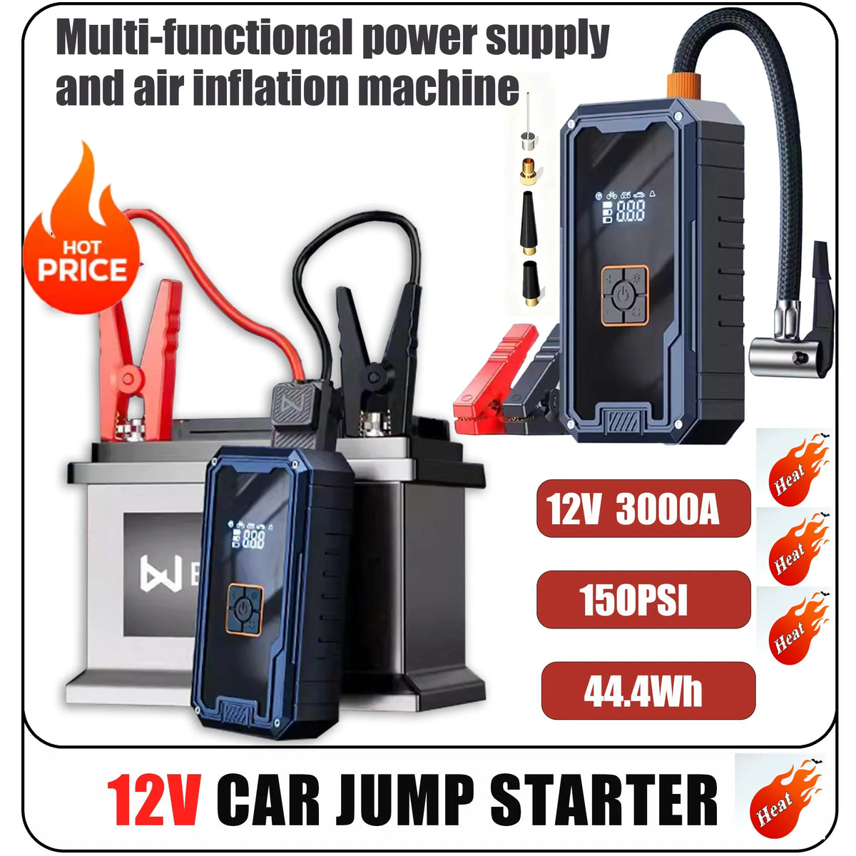 Portable 3000A 99800mAh Car Jump Starter 150PSI Air Compressor 4 in 1 12V Car Booster Power Bank LED Flashlight Outdoor Camping