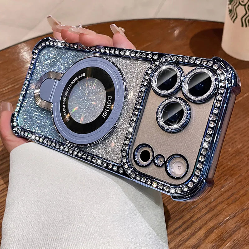 for Magsafe Bracket Case for iPhone 17 16 15 14 13 Pro Max Stand Holder Luxury Girl's Bling Diamond Bumper Camera Soft TPU Cover