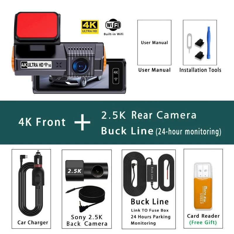 UHD 4K+2.5K 2160P Dual Lens ADAS Dash Cam with WiFi GPS Mini Car DVR 2.5K Rear Camera Video Dashcam Drive Recorder Black Box