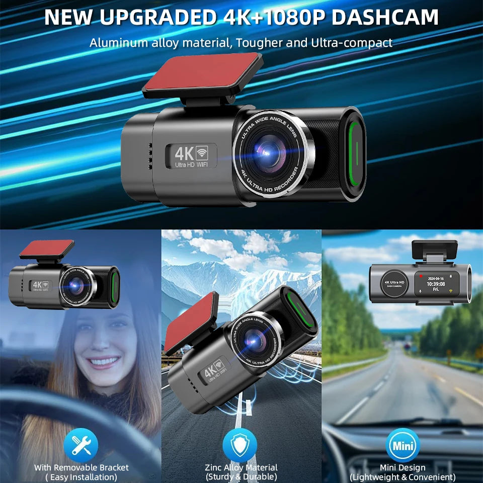 4K Dash Cam Built-in WiFi APP Control HD Night Vision Car Video Recorder Loop Recording G-sensor Car DVR Optional Rear Camera Car Mobile World