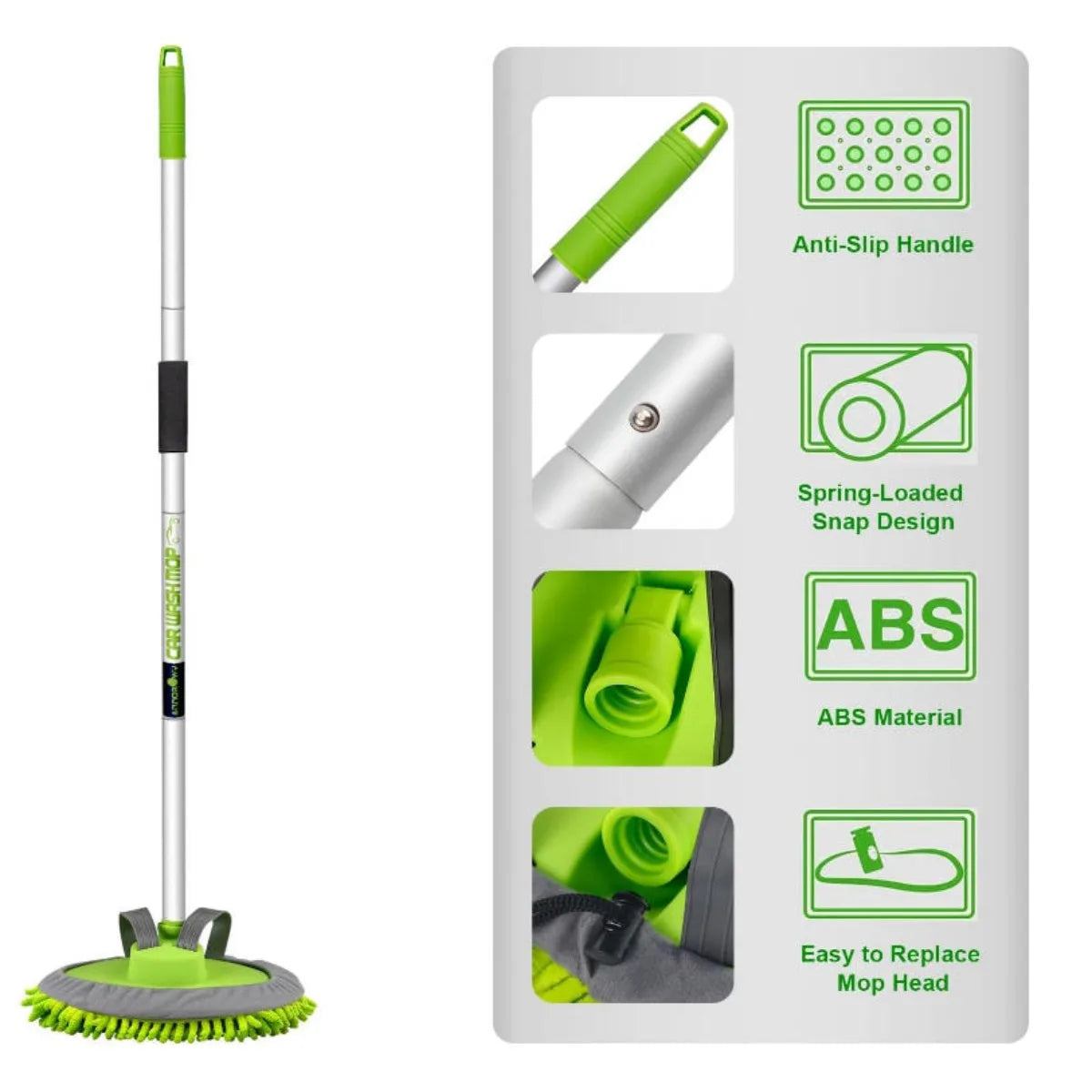 62" 2-in-1 Car Wash Mop Brush, Rotatable Microfiber Mitt, Long Pole, Scratch-Free for Truck RV Pickup Bus Green