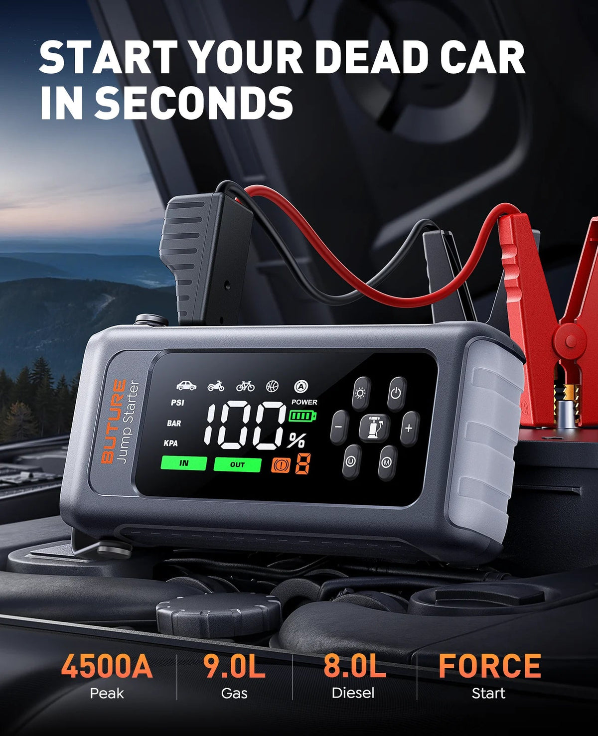 BUTURE 4 in 1 4500A Jump Starter 150PSI Tire Inflator Pumps 18W Fast Charging 16000mAh Portable power bank Car Starting Device Car Mobile World