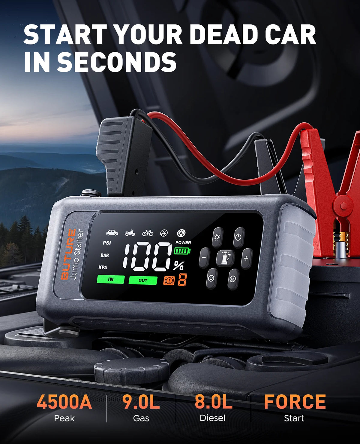 BUTURE 4 in 1 4500A Jump Starter 150PSI Tire Inflator Pumps 18W Fast Charging 16000mAh Portable Power Bank Car Starting Device