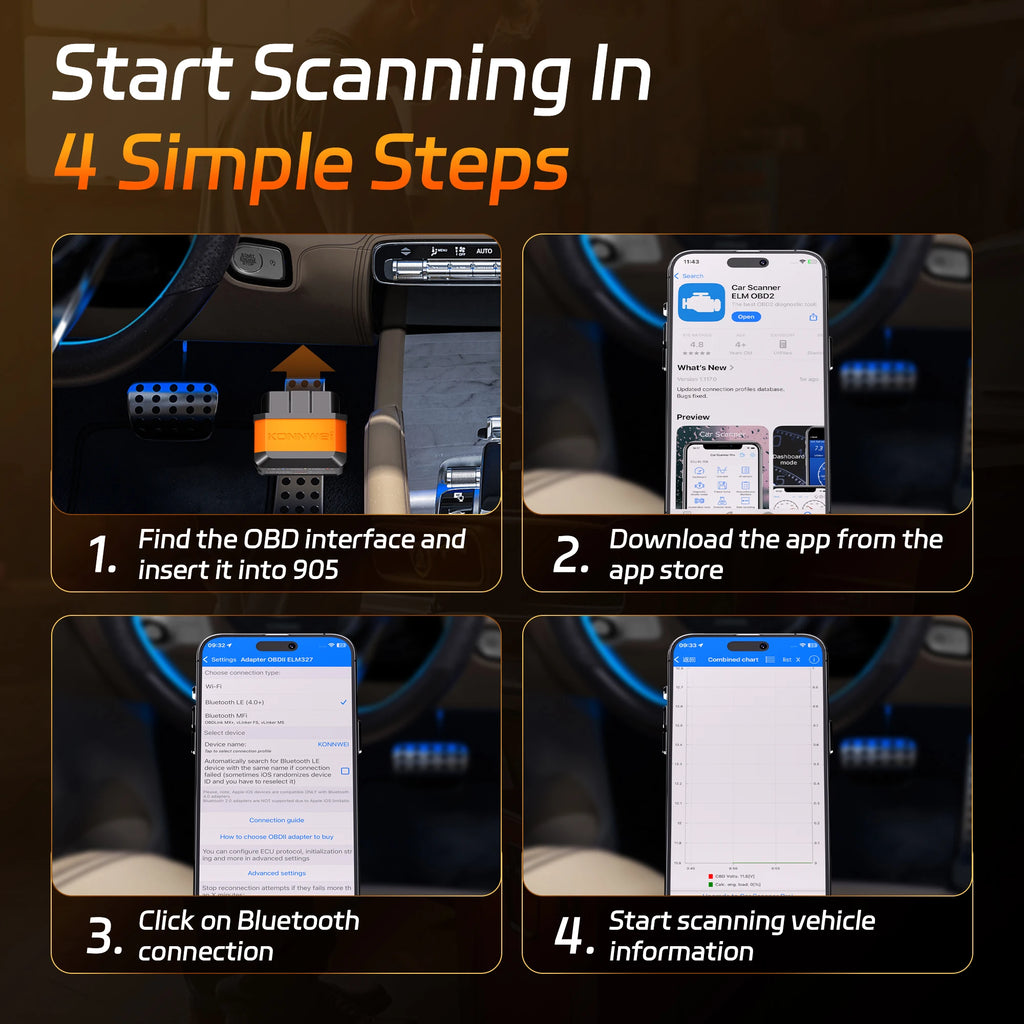 KONNWEI KW905 ELM327 OBD2 Car Scanner Bluetooth 5.0 Engine Fault Scanner Tool OBDII Code Reader Diagnostic Tool for Android/IOS Car Mobile World