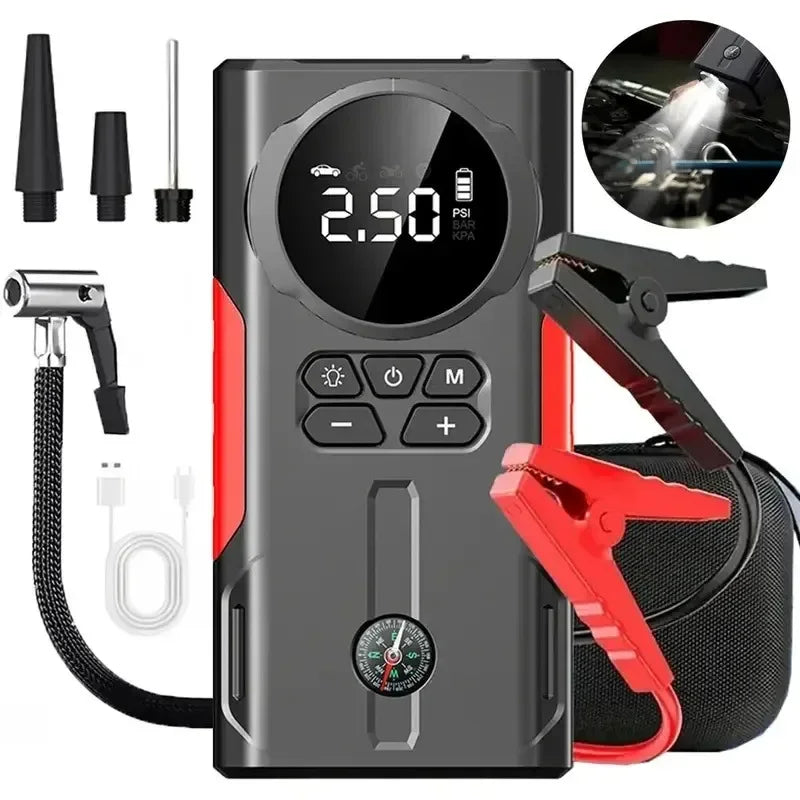 12V Car Jump Starter &Air Pump Portable Car Tire Inflator Air Compressor Multi-function Auto Battery Starting Device Booster Car Mobile World