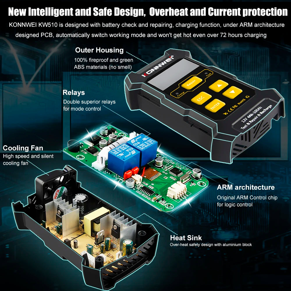 2026 KONNWEI KW510 12V Car Battery Tester Full Automatic Pulse Repair Battery Chargers Wet Dry AGM Gel Lead Acid Car Repair Tool