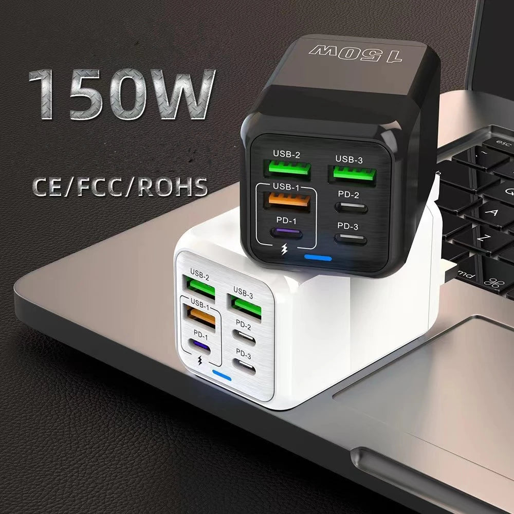 150W 6 Ports Pd QC 4.0 Usb C Fast Charger Wall Adapter Super Fast Charging For Iphone Samsung Ipad Xiaomi Huawei Oneplus Oppo Car Mobile World