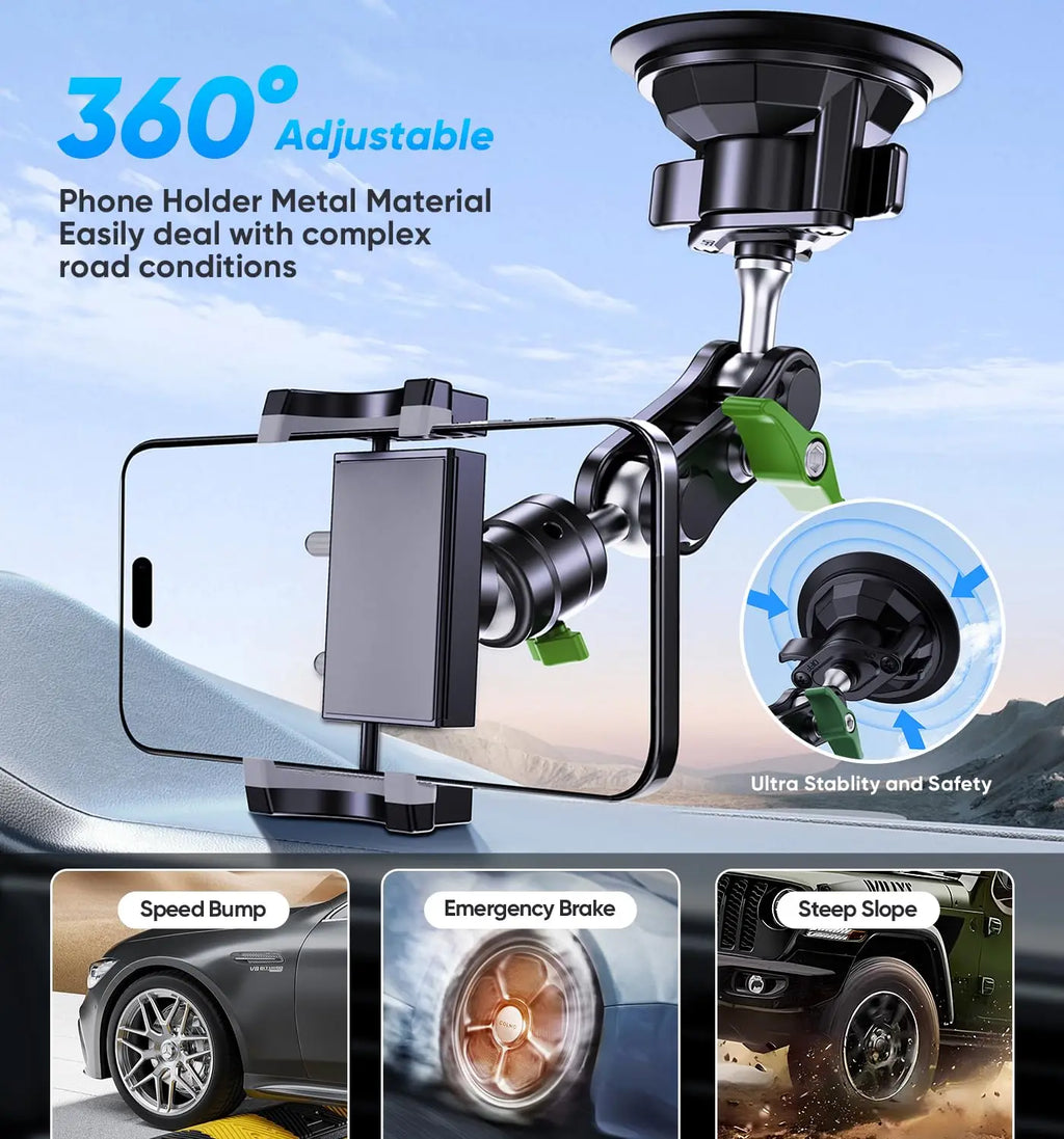 Universal Metal Car Phone Mount, 360° Rotation for Windshield/Dashboard, Suction Cup Holder for IPhone Samsung All Smartphones
