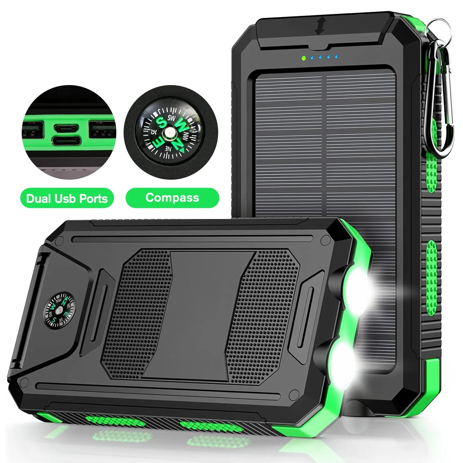 30000mAh Portable Solar Power Bank External Battery Waterproof Dual 5V 1A USB Ports LED Flashlight for iPhone Samsung Tablets Car Mobile World