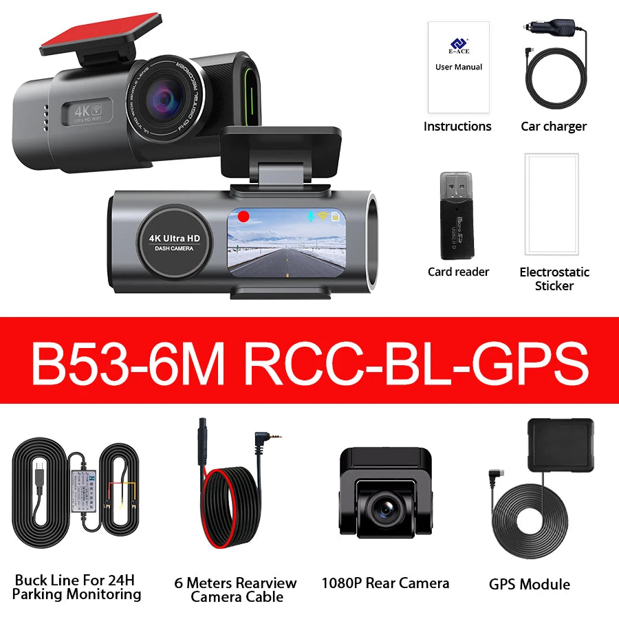 4K Dash Cam Built-in WiFi APP Control HD Night Vision Car Video Recorder Loop Recording G-sensor Car DVR Optional Rear Camera Car Mobile World